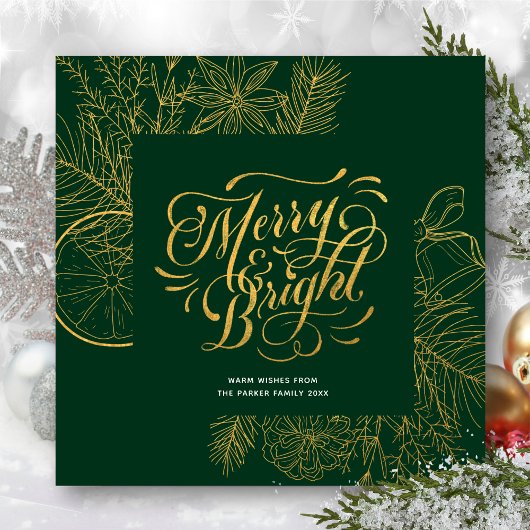 Modern Sage Green Gold Script Pine Bough Floral Feestdagenkaart