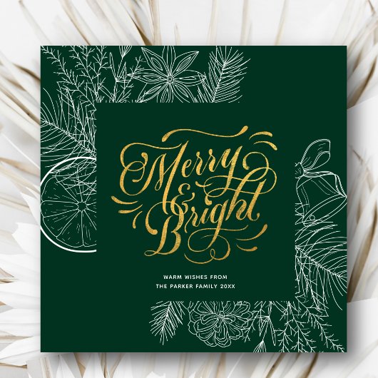 Modern Sage Green Gold Script Pine Bough Floral Feestdagenkaart