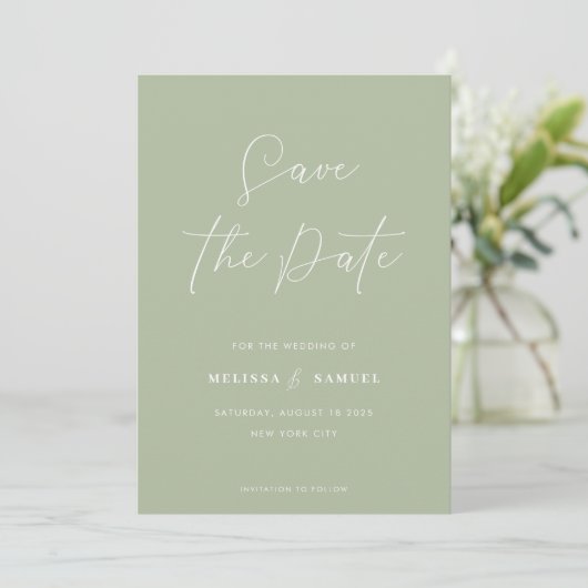 Modern Sage Green Handwrite Script Wedding Save The Date (Staand voorkant)