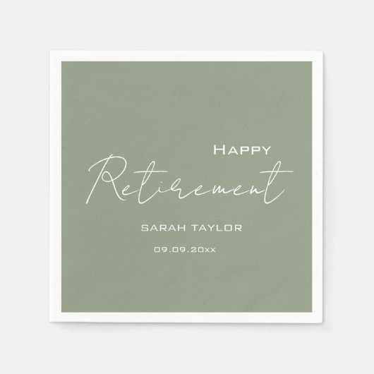 Modern Sage Green Happy Pensioen gepersonaliseerd Servet (Voorkant)