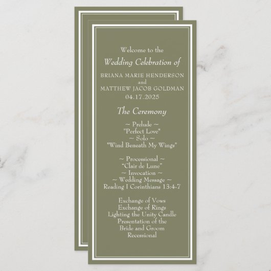 Modern Sage Green huwelijksprogramma Programmakaart (Voorkant / Achterkant)