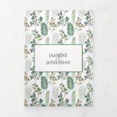 Modern Sage Green Leaf Pattern Foto Weddenschap Drieluik Uitnodiging (Cover)