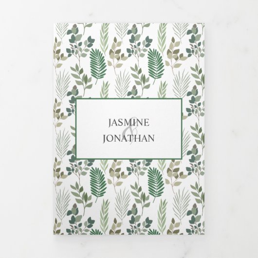 Modern Sage Green Leaf Pattern Foto Weddenschap Drieluik Uitnodiging (Cover)