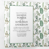 Modern Sage Green Leaf Pattern Foto Weddenschap Drieluik Uitnodiging (Binnenzijde eerst)