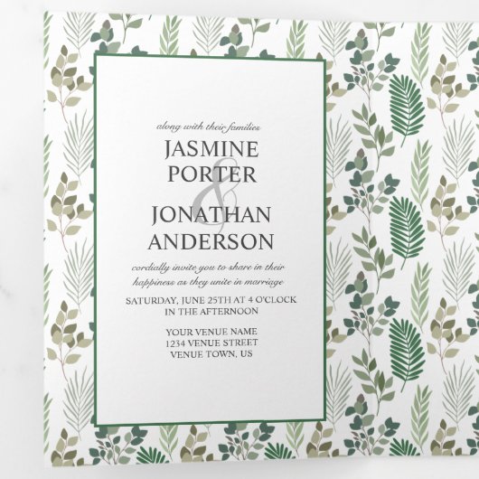 Modern Sage Green Leaf Pattern Foto Weddenschap Drieluik Uitnodiging (Binnenzijde eerst)