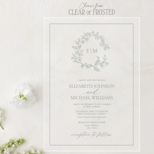 Modern Sage Green Leafy Crest Monogram Weddenschap Acryl Uitnodigingen