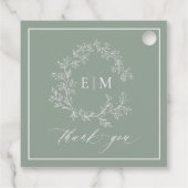 Modern Sage Green Leafy Crest Monogram Weddenschap Bedankjes Labels (Achterkant)