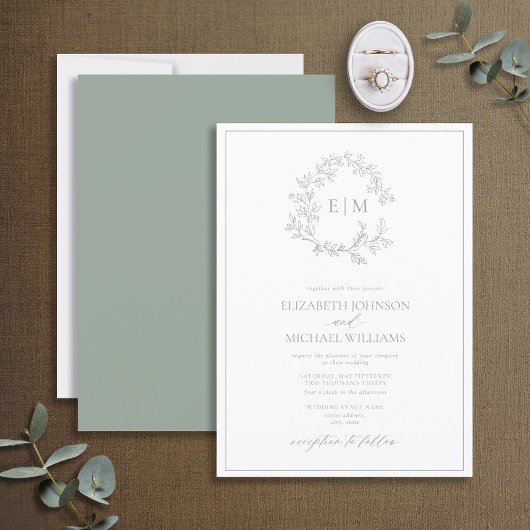 Modern Sage Green Leafy Crest Monogram Weddenschap Kaart