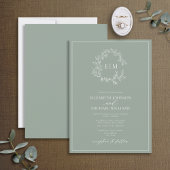 Modern Sage Green Leafy Crest Monogram Weddenschap Kaart