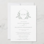 Modern Sage Green Leafy Crest Monogram Weddenschap Kaart (Voorkant)