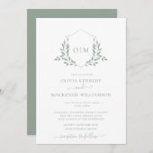 Modern Sage Green Leafy Crest Monogram Weddenschap Kaart (Voorkant / Achterkant)