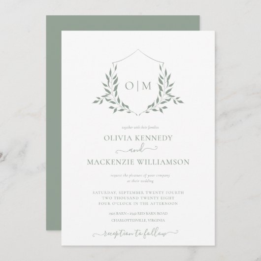Modern Sage Green Leafy Crest Monogram Weddenschap Kaart (Voorkant / Achterkant)