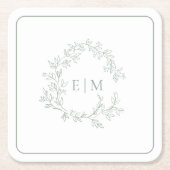 Modern Sage Green Leafy Crest Monogram Weddenschap Kartonnen Onderzetters (Voorkant)