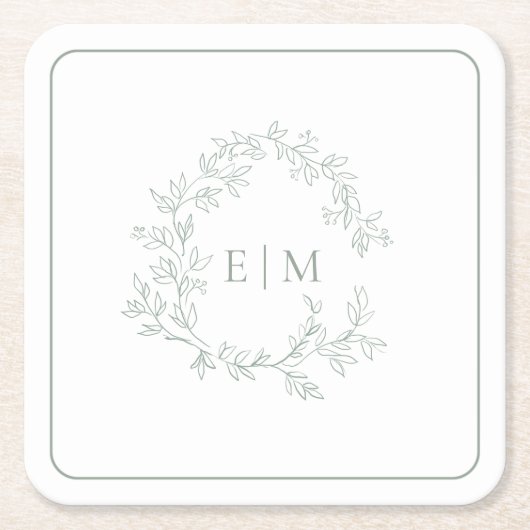 Modern Sage Green Leafy Crest Monogram Weddenschap Kartonnen Onderzetters (Voorkant)