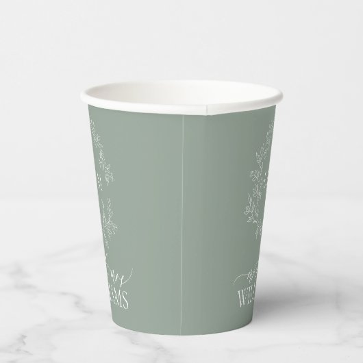 Modern Sage Green Leafy Crest Monogram Weddenschap Papieren Bekers (Rechts)