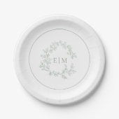 Modern Sage Green Leafy Crest Monogram Weddenschap Papieren Bordje (Voorkant)