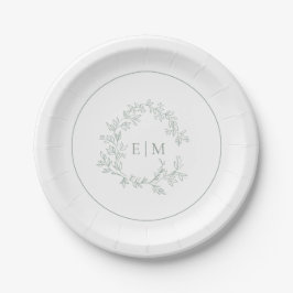 Modern Sage Green Leafy Crest Monogram Weddenschap Papieren Bordje