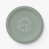 Modern Sage Green Leafy Crest Monogram Weddenschap Papieren Bordje (Voorkant)