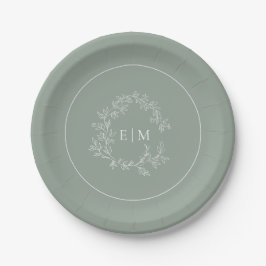 Modern Sage Green Leafy Crest Monogram Weddenschap Papieren Bordje