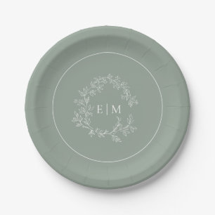 Modern Sage Green Leafy Crest Monogram Weddenschap Papieren Bordje