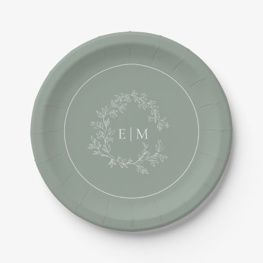 Modern Sage Green Leafy Crest Monogram Weddenschap Papieren Bordje (Voorkant)