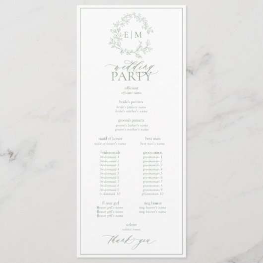 Modern Sage Green Leafy Crest Monogram Weddenschap Programmakaart (Achterkant)