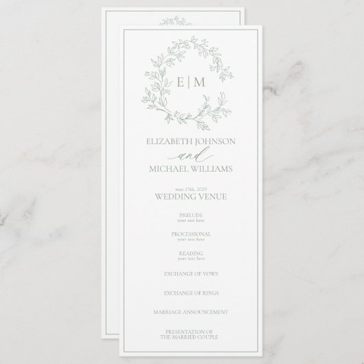 Modern Sage Green Leafy Crest Monogram Weddenschap Programmakaart (Voorkant / Achterkant)