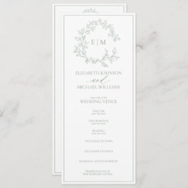Modern Sage Green Leafy Crest Monogram Weddenschap Programmakaart