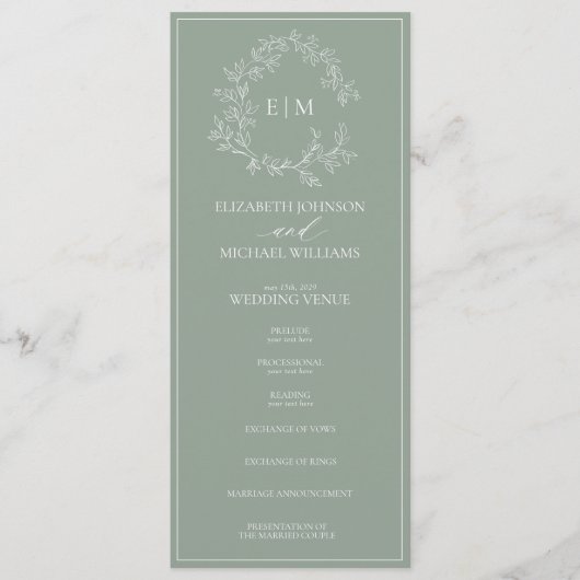 Modern Sage Green Leafy Crest Monogram Weddenschap Programmakaart (Voorkant)