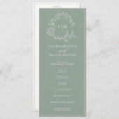 Modern Sage Green Leafy Crest Monogram Weddenschap Programmakaart (Voorkant / Achterkant)