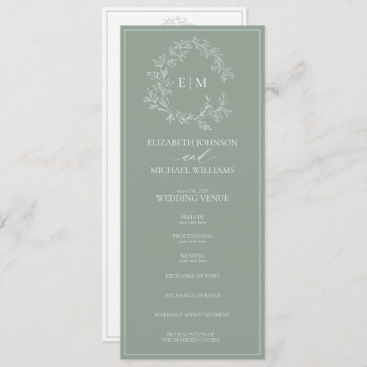 Modern Sage Green Leafy Crest Monogram Weddenschap Programmakaart (Voorkant / Achterkant)