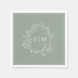 Modern Sage Green Leafy Crest Monogram Weddenschap Servet