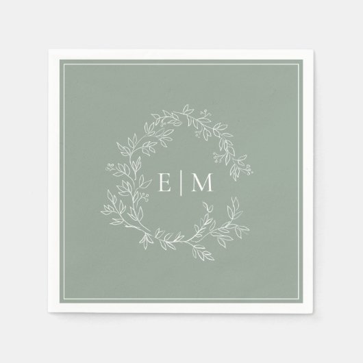 Modern Sage Green Leafy Crest Monogram Weddenschap Servet (Voorkant)