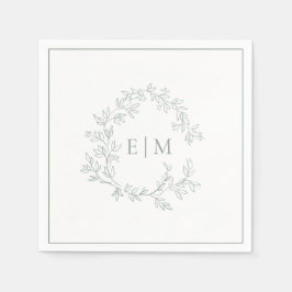 Modern Sage Green Leafy Crest Monogram Weddenschap Servet