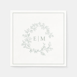 Modern Sage Green Leafy Crest Monogram Weddenschap Servet