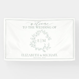 Modern Sage Green Leafy Crest Monogram Weddenschap Spandoek