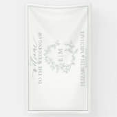 Modern Sage Green Leafy Crest Monogram Weddenschap Spandoek (Verticaal)