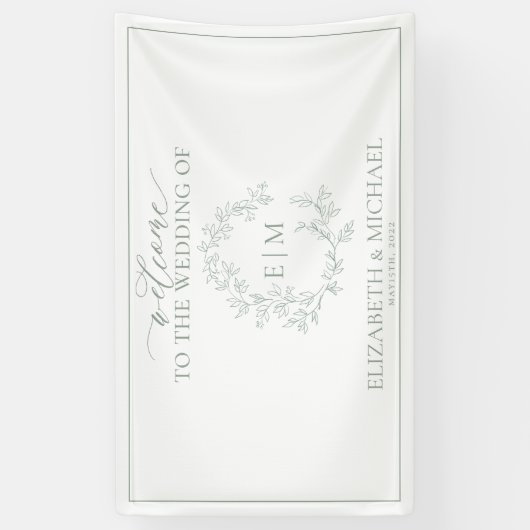 Modern Sage Green Leafy Crest Monogram Weddenschap Spandoek (Verticaal)