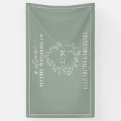 Modern Sage Green Leafy Crest Monogram Weddenschap Spandoek (Verticaal)