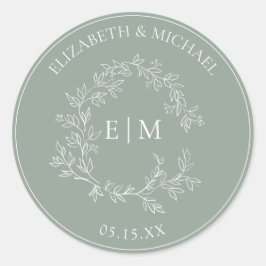 Modern Sage Green Leafy Crest Monogram Wedding Cla Ronde Sticker