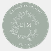 Modern Sage Green Leafy Crest Monogram Wedding Cla Ronde Sticker (Voorkant)