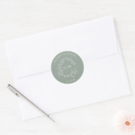 Modern Sage Green Leafy Crest Monogram Wedding Cla Ronde Sticker