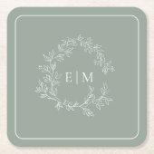 Modern Sage Green Leafy Crest Monogram Wedding Squ Kartonnen Onderzetters (Voorkant)