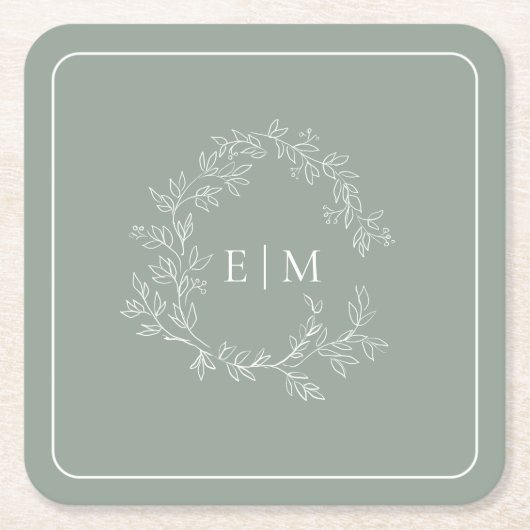 Modern Sage Green Leafy Crest Monogram Wedding Squ Kartonnen Onderzetters (Voorkant)