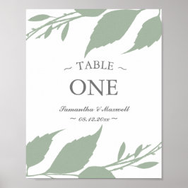 Modern Sage Green Leaves Table Number Poster