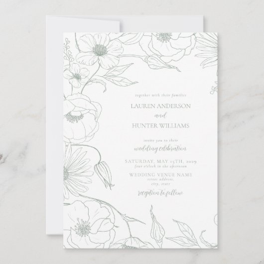 Modern Sage Green Line Art Floral Wedding Kaart (Voorkant)