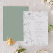 Modern Sage Green Line Art Floral Wedding Kaart