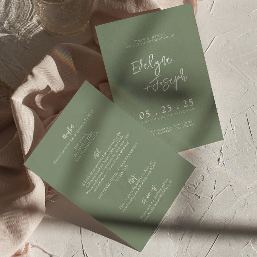 Modern Sage Green Minimal Boho Alles in één bruilo Kaart