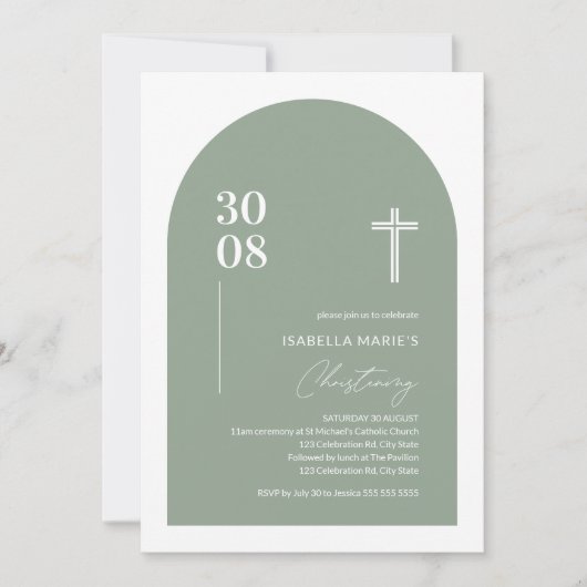 Modern Sage Green Minimalist Arch Christening Invi Kaart (Voorkant)
