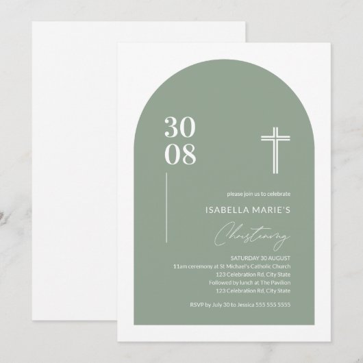 Modern Sage Green Minimalist Arch Christening Invi Kaart (Voorkant / Achterkant)